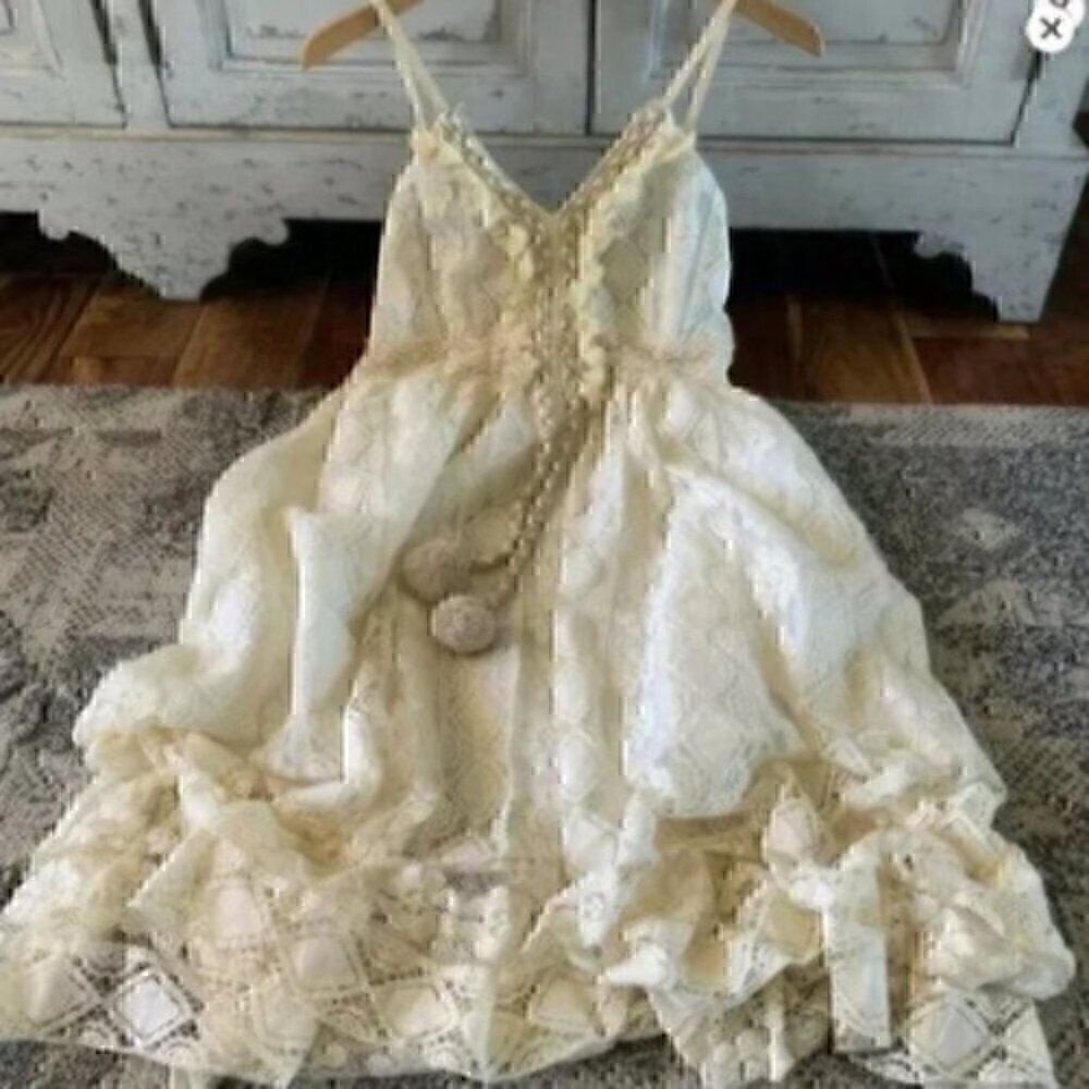 Women's Lace Hollow Out Tassel Trim V Neck Bohemian Maxi Dress L - Picture 7 of 15